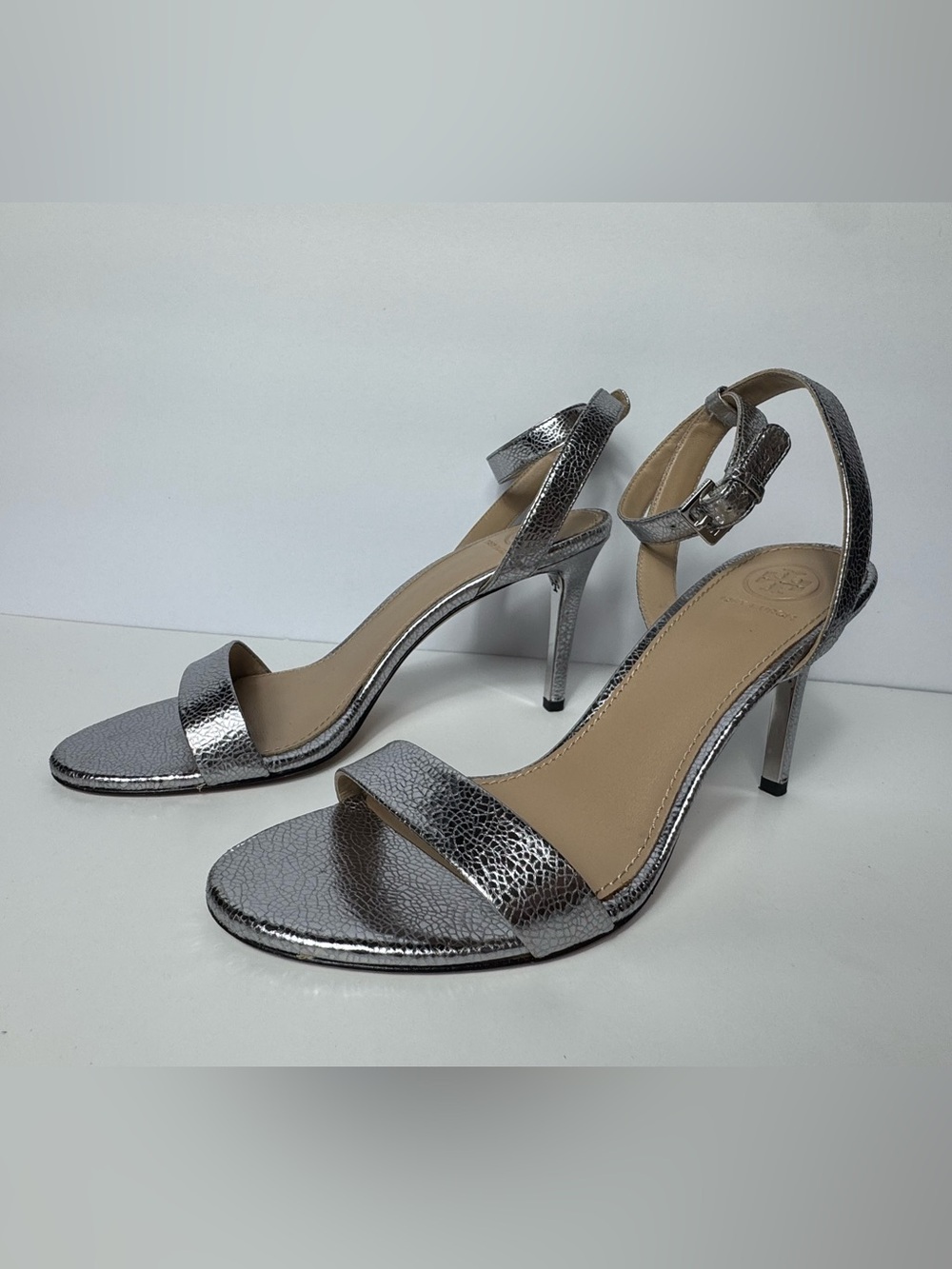 Tory Burch Metallic Silver Strappy High Heel Sandals